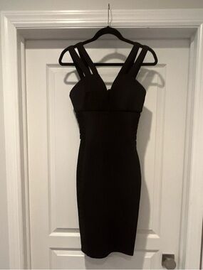 Guess-Black Bodycon Dress, Sleeveless, V-Neck, Strap Accents, Party/Cocktail